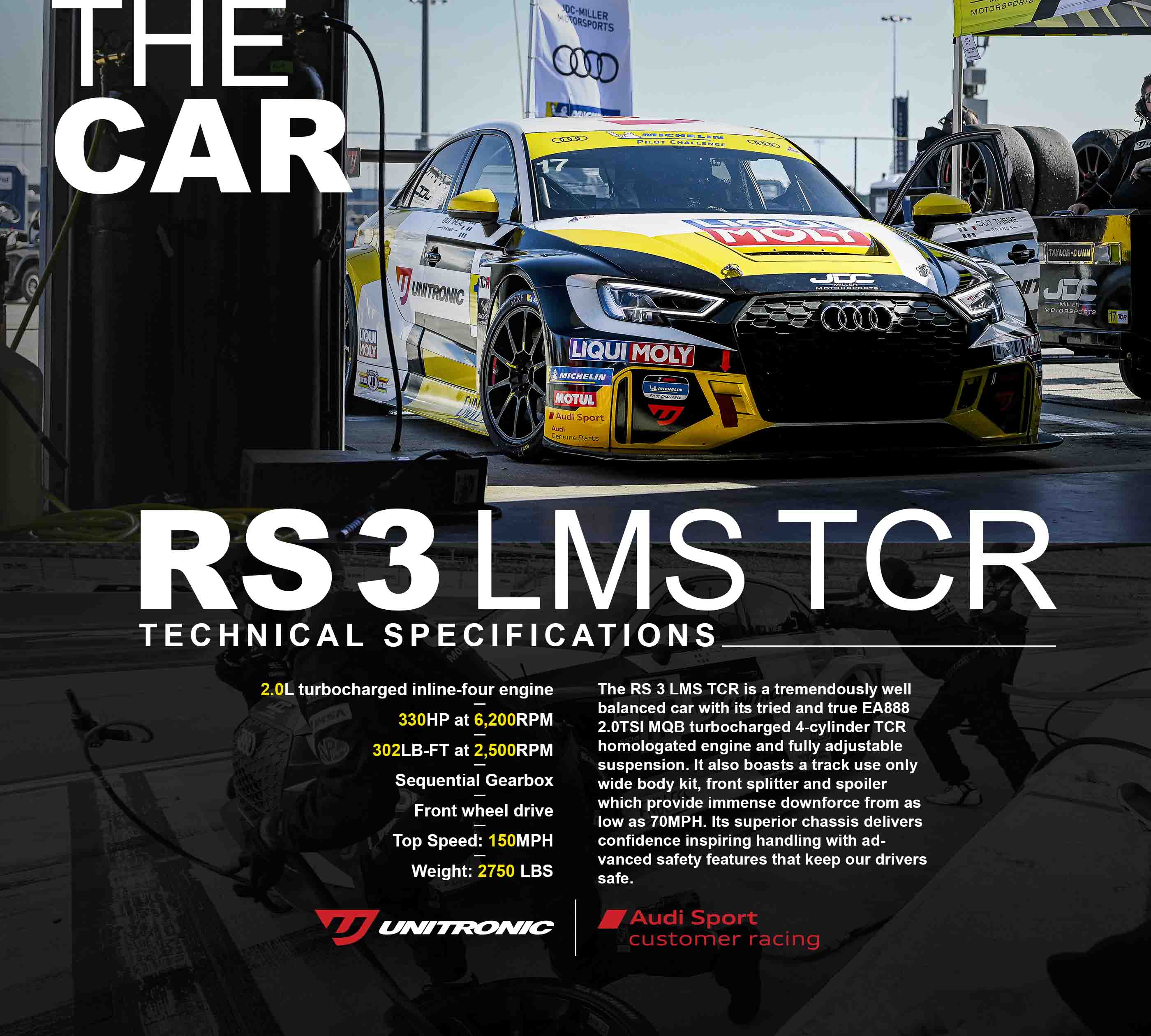 The RS 3 LMS TCR is a tremendously well balanced car with its tried and true EA888 2.0TSI MQB turbocharged 4-cylinder TCR homologated engine and fully adjustable suspension. It also boasts a track use only wide body kit, front splitter and spoiler which provide immense downforce from as low as 70MPH. Its superior chassis delivers confidence inspiring handling with advanced safety features that keep our drivers safe.