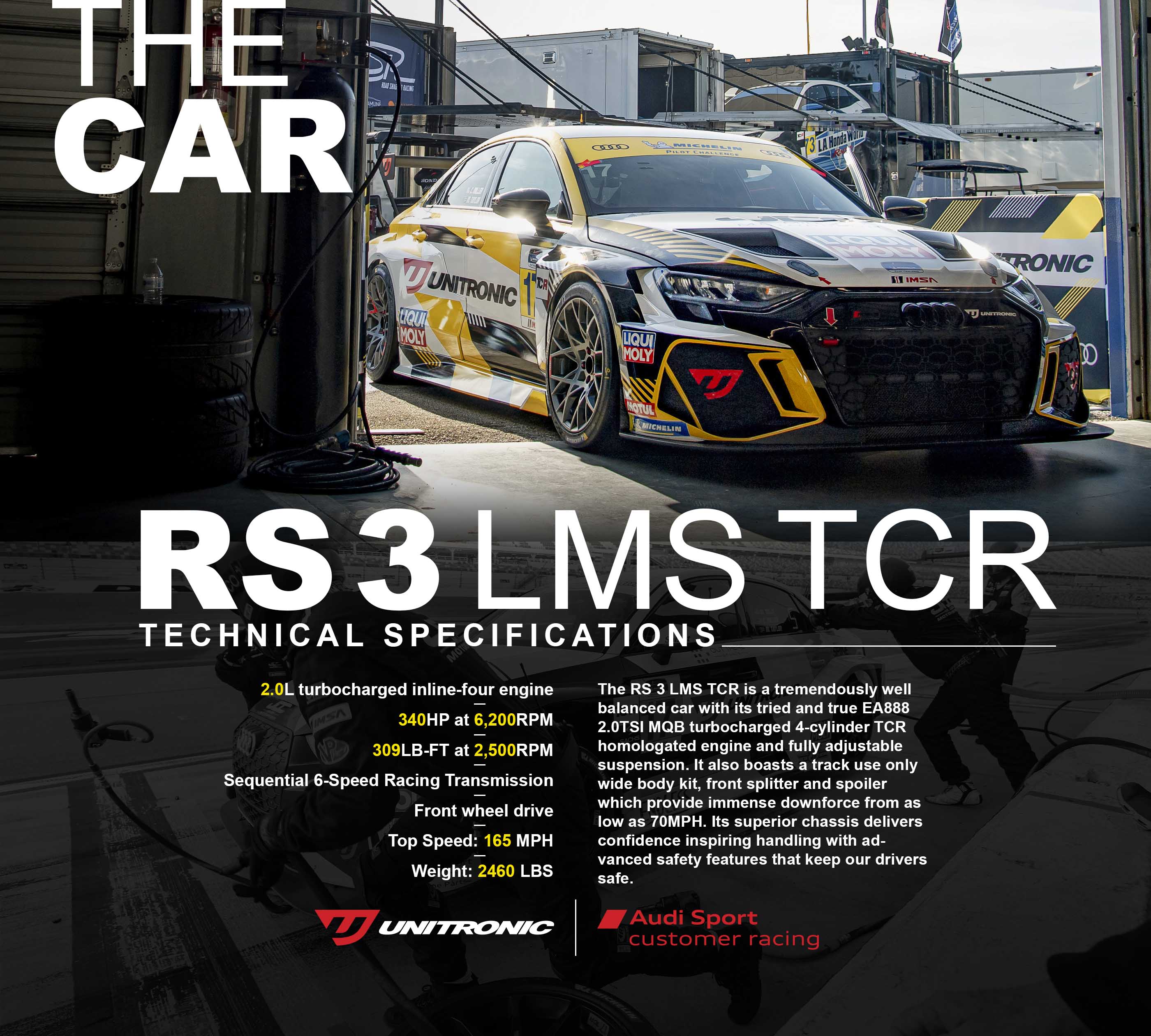 The RS 3 LMS TCR is a tremendously well balanced car with its tried and true EA888 2.0TSI MQB turbocharged 4-cylinder TCR homologated engine and fully adjustable suspension. It also boasts a track use only wide body kit, front splitter and spoiler which provide immense downforce from as low as 70MPH. Its superior chassis delivers confidence inspiring handling with advanced safety features that keep our drivers safe.